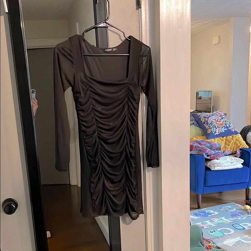 slinky black mesh ruched dress